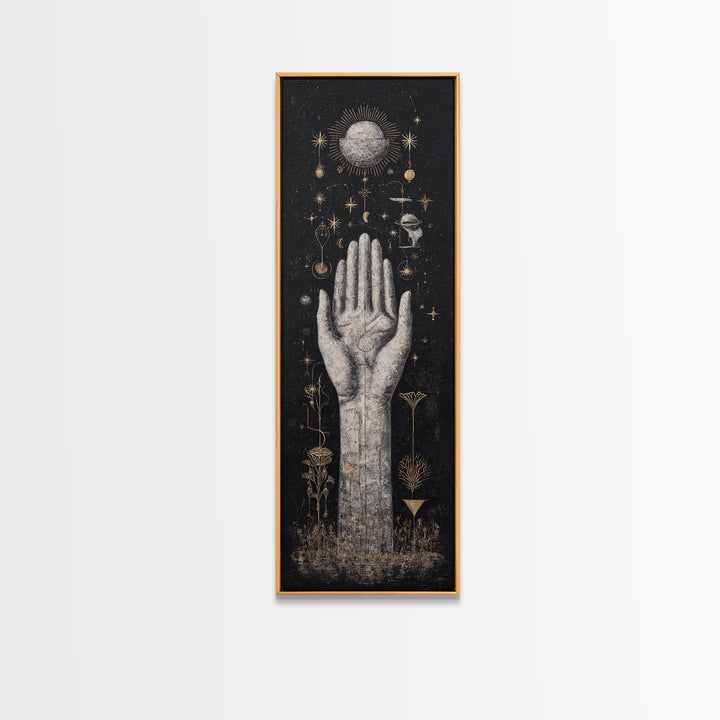 Mystical Palm Reaching Toward Moon And Stars Wall Art, Spiritual Wall Art, Black And Gold Art, Botanical Decor Gift For Her