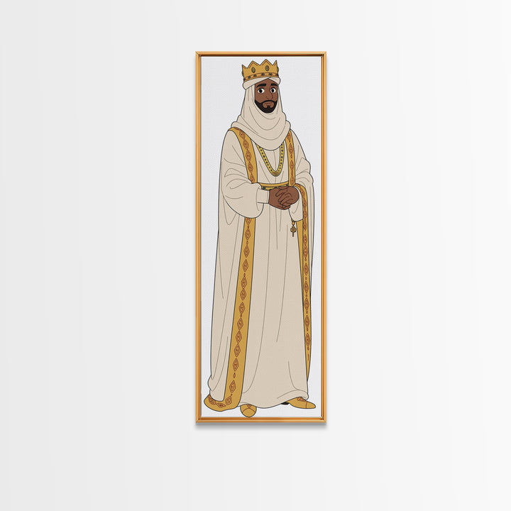 Regal Bearded King In White Robes Framed Canvas Print, African Inspired Royal Portrait, Elegant Cultural Home Decor Gift