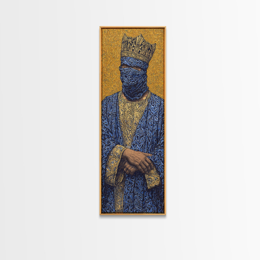 Masked African King In Blue And Gold Framed Canvas Print, Royal Portrait Wall Art, Luxury Afrocentric Cultural Home Decor