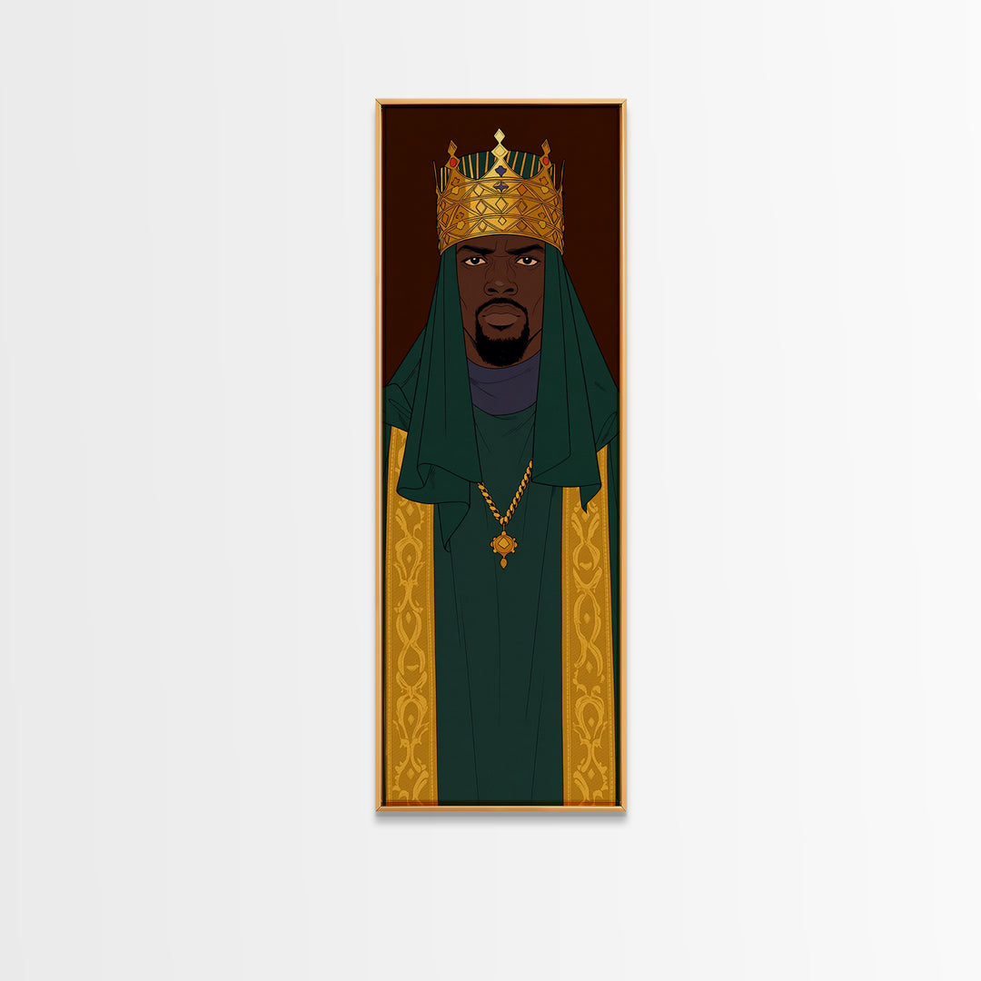 Green Veiled African King With Gold Crown Canvas Print, Black Man Portrait Wall Art, Royal Afrocentric Home Decor Gift For Him