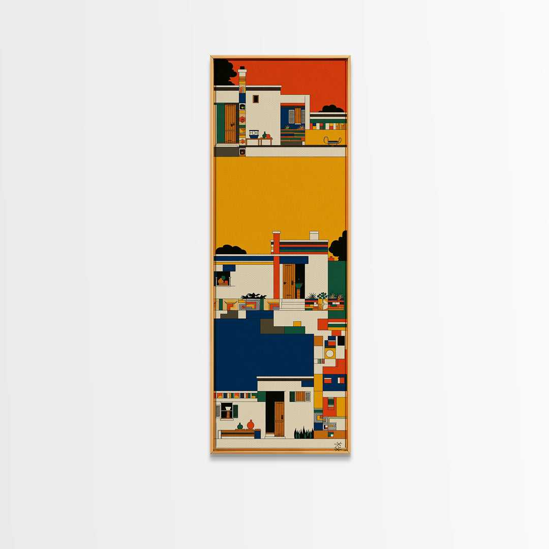 Colorful African Village Houses Wall Art, Geometric Architecture Canvas Print, Afrocentric Home Decor, Modern Tribal Poster