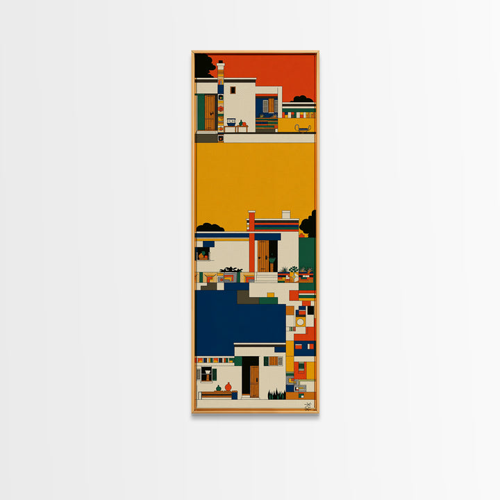 Colorful African Village Houses Wall Art, Geometric Architecture Canvas Print, Afrocentric Home Decor, Modern Tribal Poster