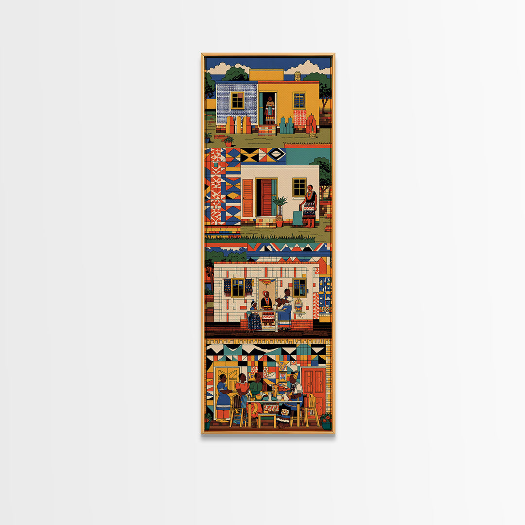 Vibrant African Village Homes Wall Art, Colorful Canvas Print, Folk Culture Poster, Patterned Houses And People Decor Gift