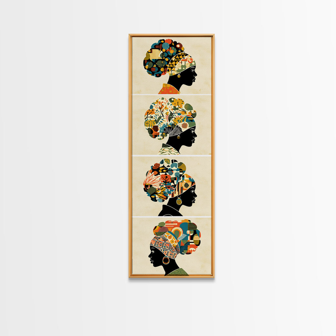 Four Floral Headwrap African Women Wall Art, Black Woman Silhouette Canvas Print, Afrocentric Ankara Decor Art Gift For Her