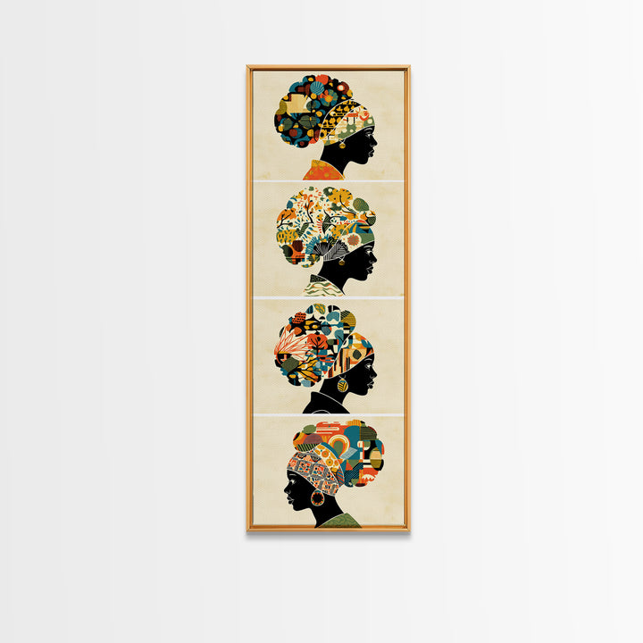 Four Floral Headwrap African Women Wall Art, Black Woman Silhouette Canvas Print, Afrocentric Ankara Decor Art Gift For Her