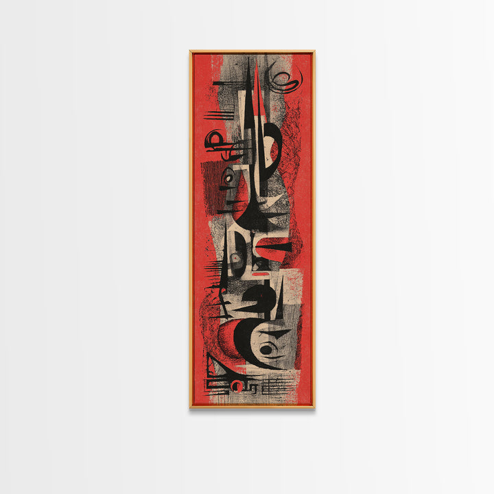 Red Black Abstract Tribal Symbols Wall Art, Modern African Canvas Print, Grunge Geometric Poster, Bold Afrocentric Decor