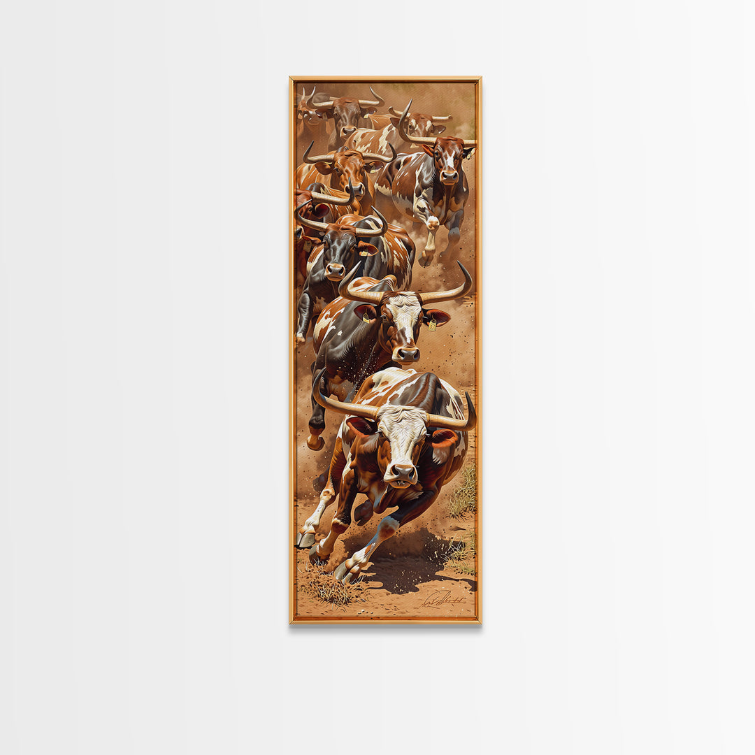 Charging African Cattle Herd In Dusty Earth Tones Canvas Print, Safari Animal Wall Decor, Rustic Farmhouse Statement Art