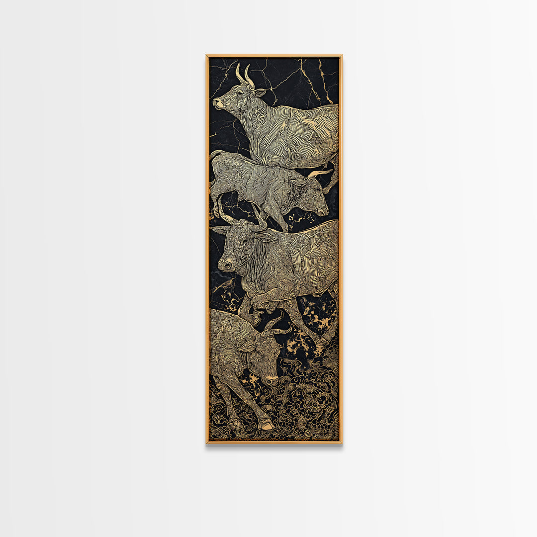 Gold Line African Cattle On Black Marble Framed Canvas Print, Tribal Animal Wall Decor, Luxury Safari Farmhouse Art Gift