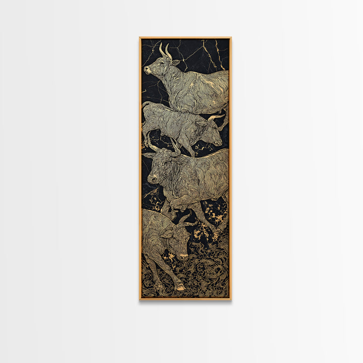 Gold Line African Cattle On Black Marble Framed Canvas Print, Tribal Animal Wall Decor, Luxury Safari Farmhouse Art Gift