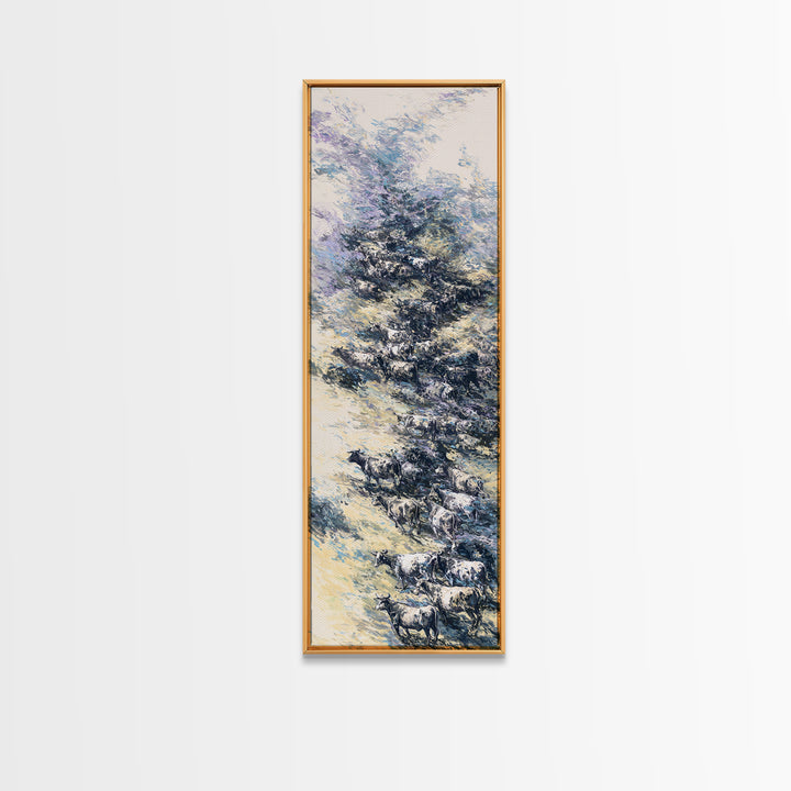Blue Winter African Tree With Grazing Cattle Wall Art, Serene Safari Landscape, Nature Scene Home Decor For Modern Farmhouse