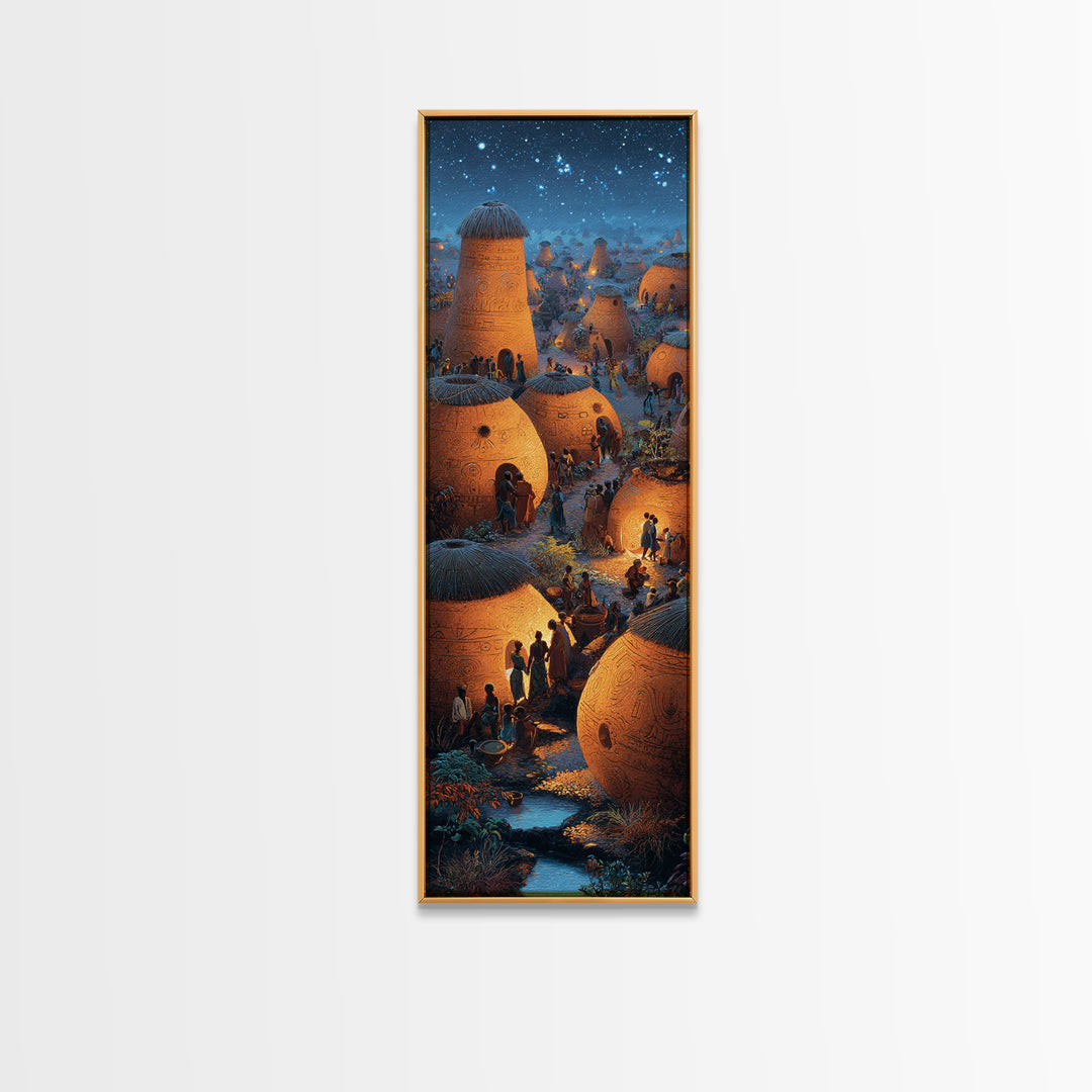 Glowing African Village At Starlit Night With Clay Huts Canvas Print, Afrocentric Wall Decor, Magical Motherland Home Art