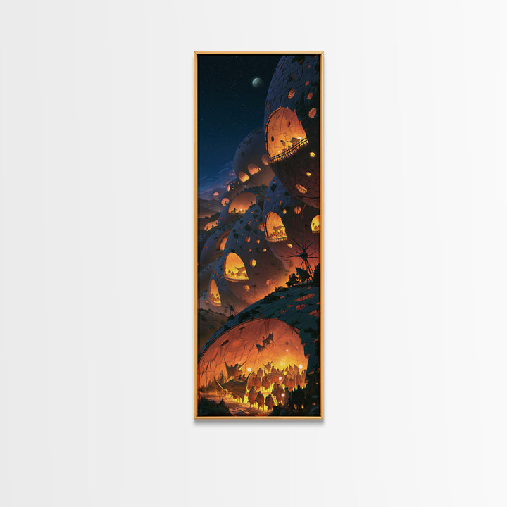 Futuristic African Dome City With Glowing Lanterns Wall Art, Afrofuturism Decor, Starry Night Sci Fi Landscape Print For Home Decor