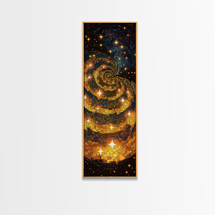 Golden Galaxy Spiral With Starry Night Lights, Canvas Print, Abstract Wall Art, Celestial Decor, Modern Statement Artwork
