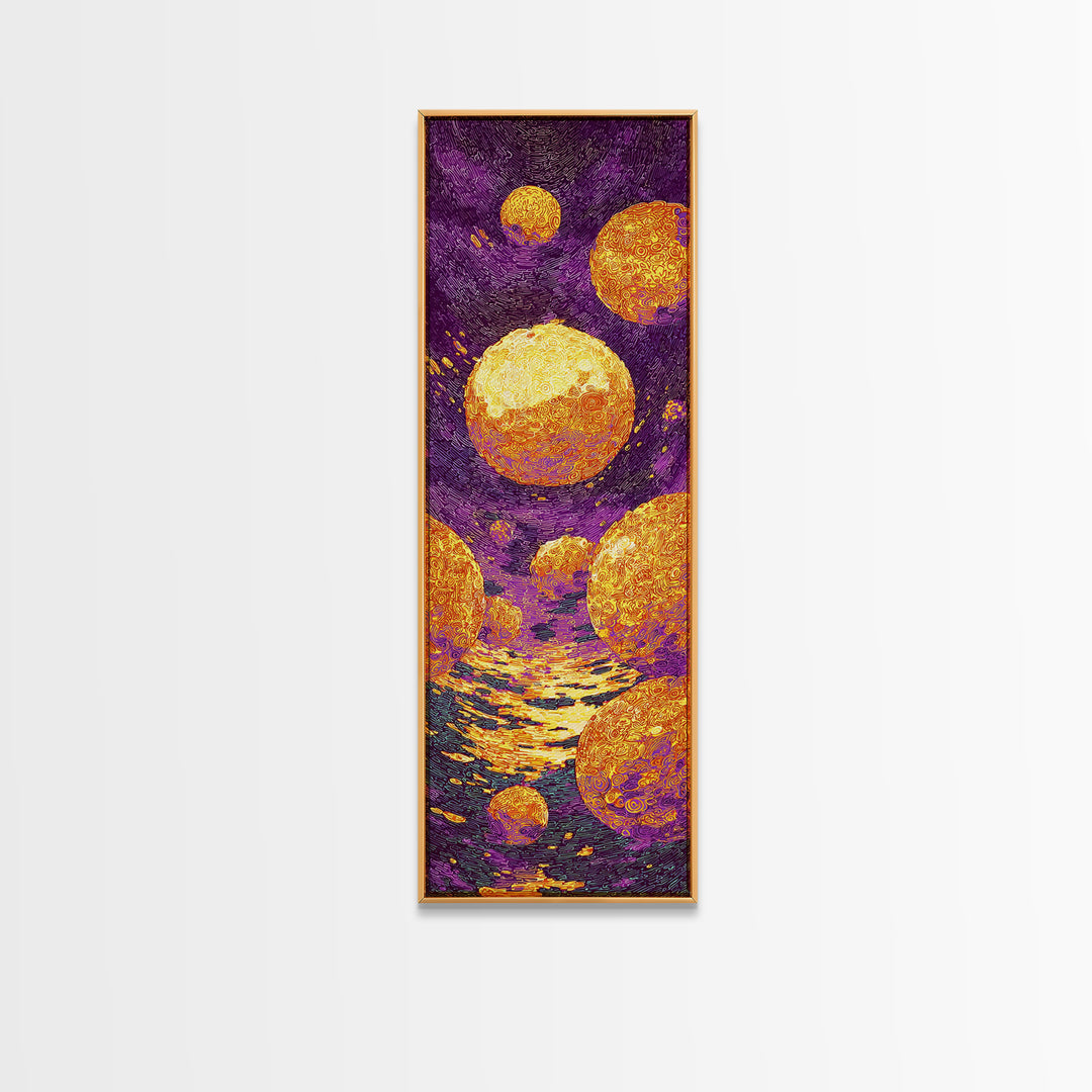 Floating Golden Planets Over Purple Cosmic Water, Canvas Print, Abstract Wall Art, Vibrant Decor, Unique Home Decor Gift