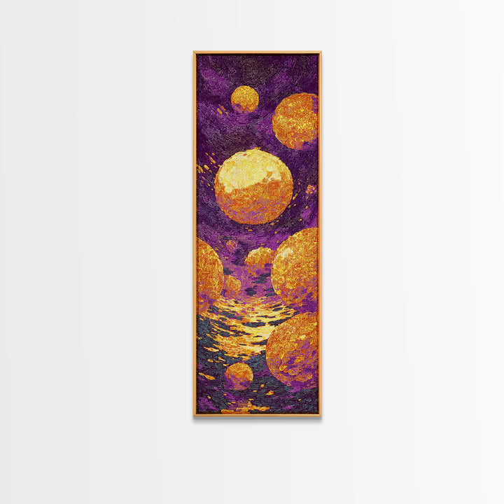 Floating Golden Planets Over Purple Cosmic Water, Canvas Print, Abstract Wall Art, Vibrant Decor, Unique Home Decor Gift