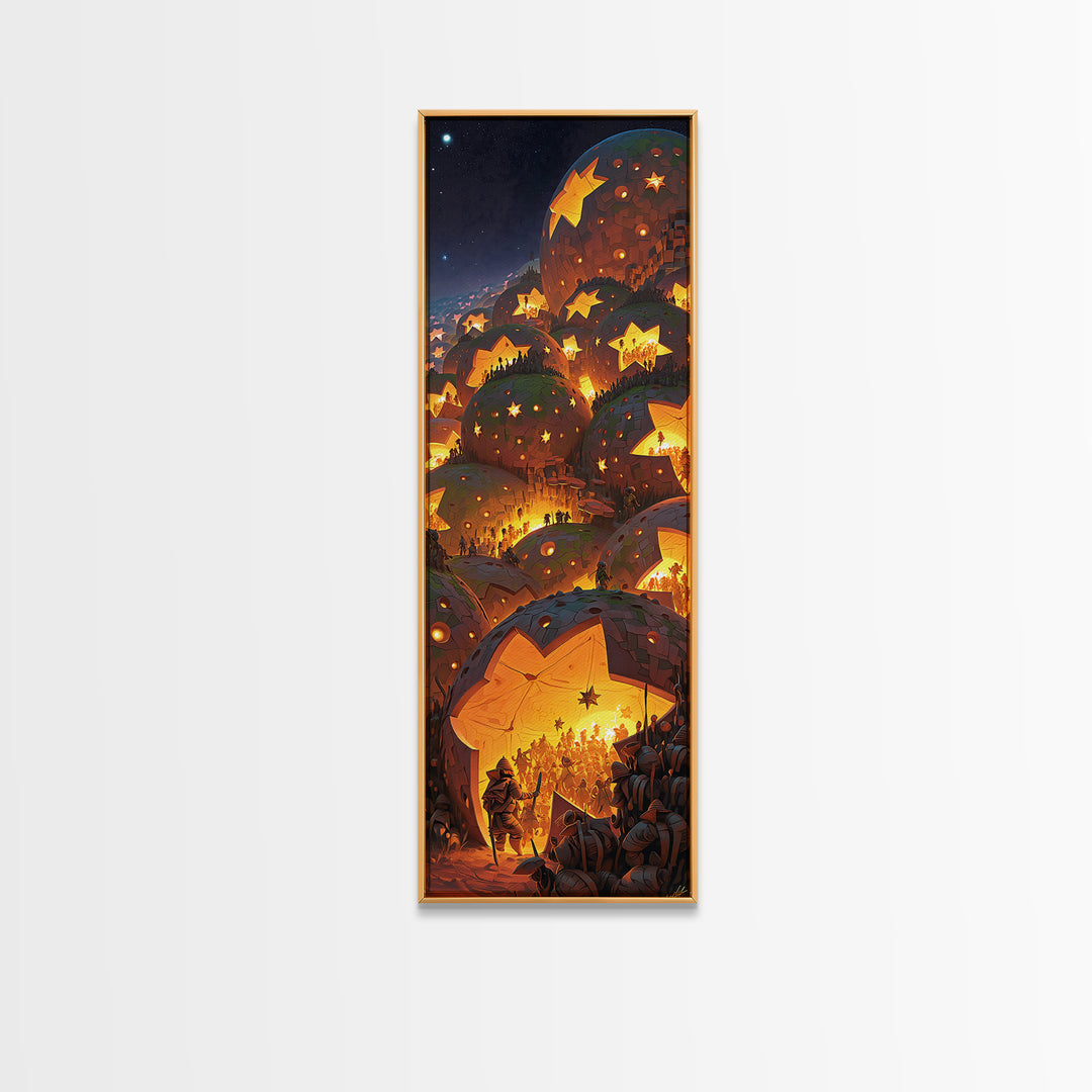Glowing Star Lantern Village In Dreamy Mountains, Canvas Print, Wall Art, Cozy Night Decor, Magical Living Room Artwork Gift