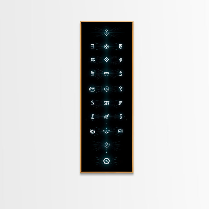 Glowing Cyan Mystic Glyphs Wall Art, Afrocentric Abstract Symbols, Spiritual Minimalist Black Decor, Modern Tribal Canvas Print