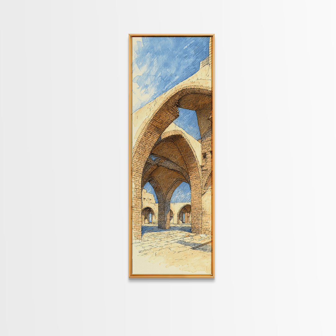 Sunlit Stone Arches Canvas Print, Morocco Africa Architecture Wall Art, Blue Beige Travel Decor, Bohemian Home Art For Living Rooms