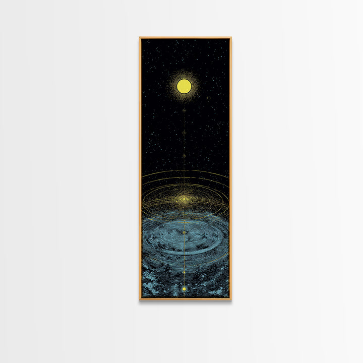 Golden Moon Over Cosmic Water Wall Art, Spiritual Celestial Abstract, Meditation Room Decor, Modern Black Canvas Print Gift