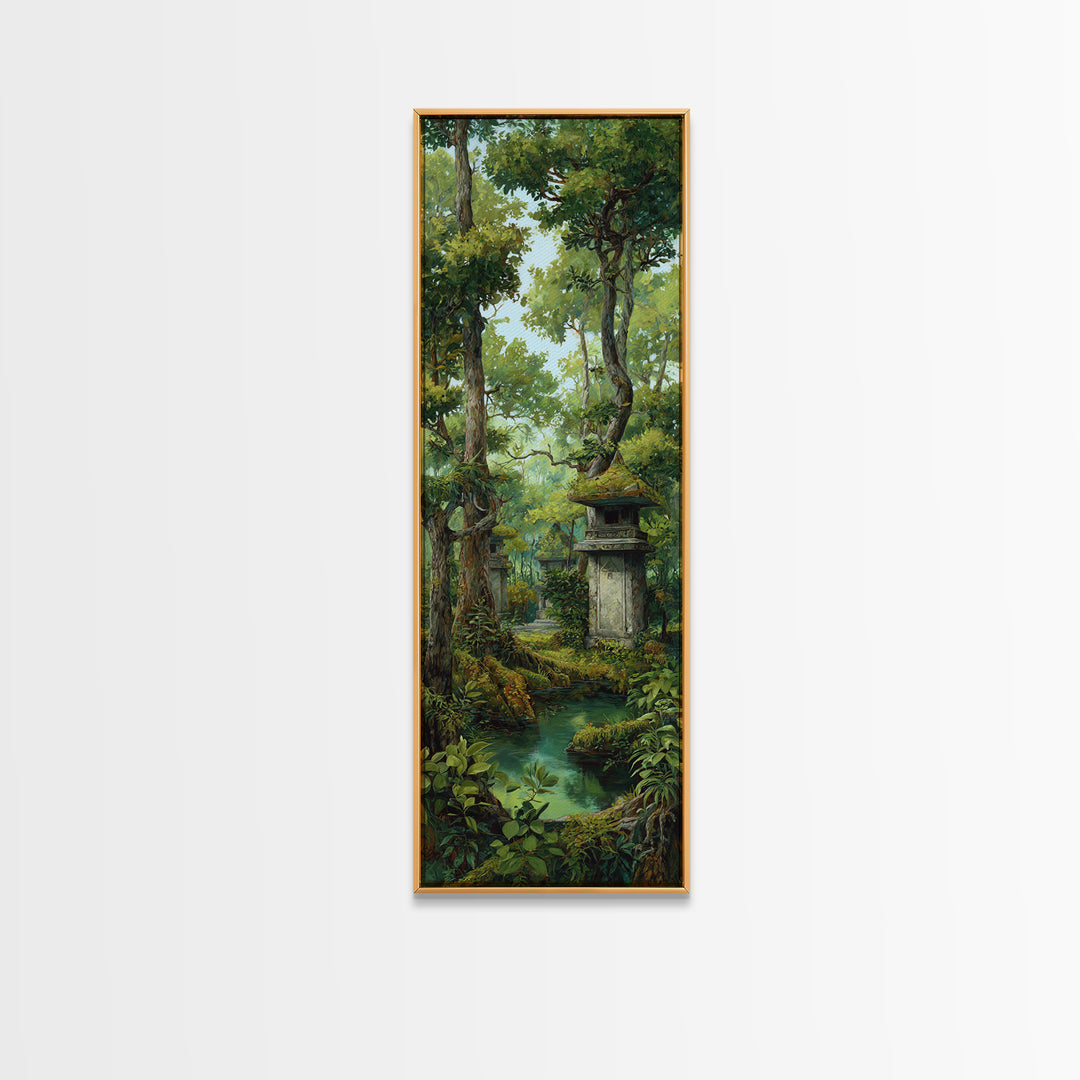 Ancient Jungle Shrine And Emerald Stream Wall Art, Mystical Forest Landscape, Nature Scene, Green Botanical Home Decor Print