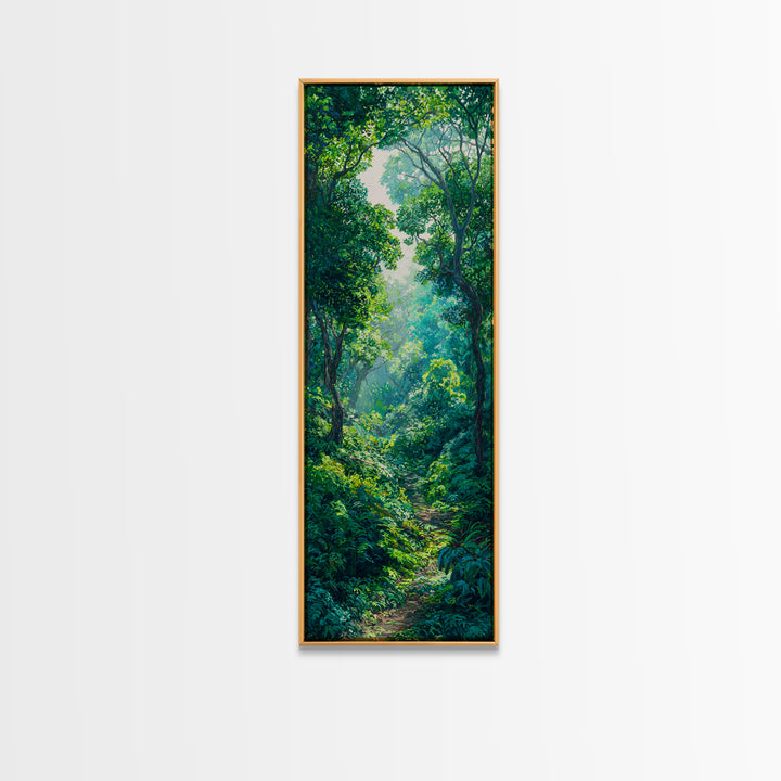 Sunlit Rainforest Path With Lush Green Leaves Framed Canvas Print, Jungle Decor, Nature Scene, Dreamy Wall Art Gift For Living Room