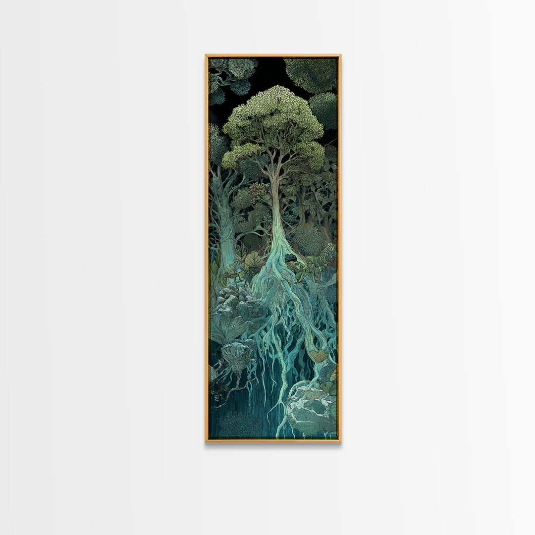 Glowing Root Tree In Dark Enchanted Forest Canvas Print, Mystical Wall Art, Spiritual Nature Decor, Surreal Botanical Home