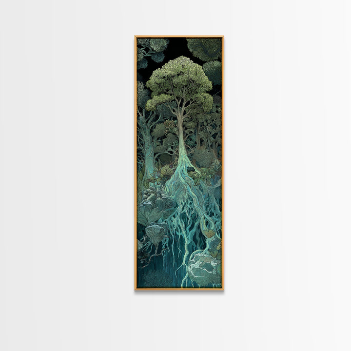 Glowing Root Tree In Dark Enchanted Forest Canvas Print, Mystical Wall Art, Spiritual Nature Decor, Surreal Botanical Home