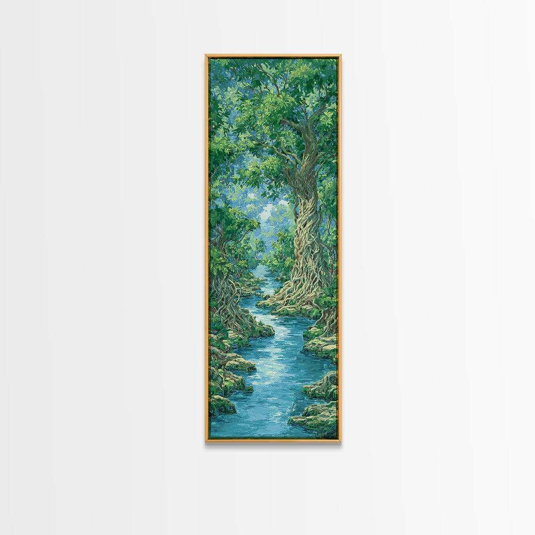 Ancient Tree River Path Through Emerald Forest Wall Art, Nature Scene, Green Landscape, Dreamy Jungle Decor For Home Print