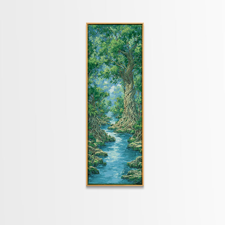 Ancient Tree River Path Through Emerald Forest Wall Art, Nature Scene, Green Landscape, Dreamy Jungle Decor For Home Print