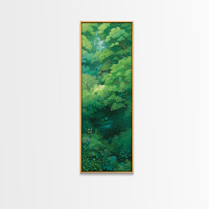 Verdant Hidden Creek And Soft Green Canopy Framed Canvas Print, Botanical Wall Art, Nature Scene, Calming Forest Decor Gift