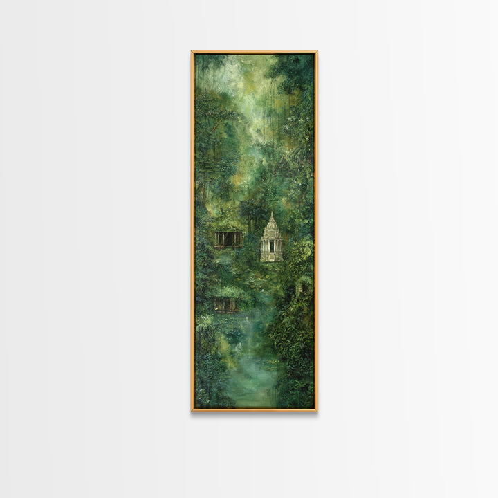 Misty Rainforest Temple With Hanging Vines Wall Art, Ancient Jungle Shrine, Spiritual Nature Scene, Green Home Decor Print