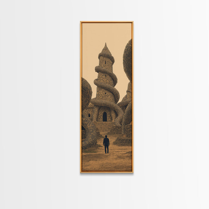 Surreal Sand Castle Tower With Lone Traveler Wall Art, Fantasy Architecture Print, Earth Tone Decor, Statement Piece Gift