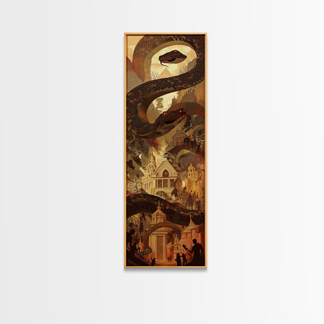 Giant Serpent Over Golden Fantasy City Wall Art, Mystical Statement Decor, Dark Academia Large Canvas Artwork For Living Room