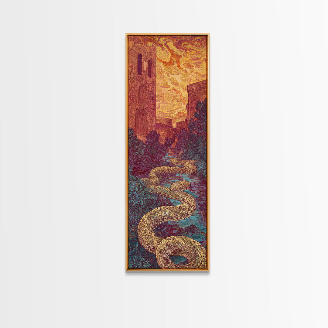 Golden Serpent Through Cathedral Garden Wall Art, Mystical Landscape Decor, Fantasy City Large Canvas Artwork For Home Gift