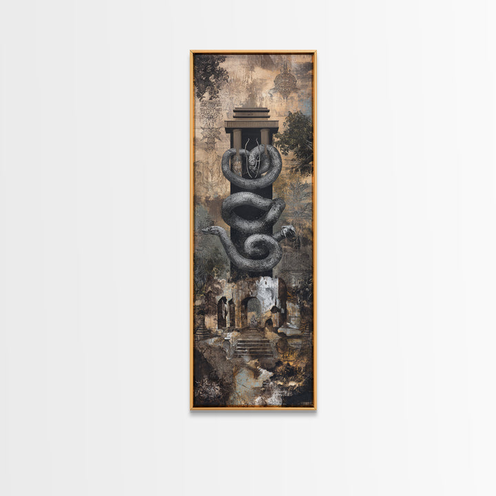 Black Serpent Coiled Around Ancient Monument Framed Canvas Print, Mystical Wall Art, Gothic Ruins Decor For Living Room Gift