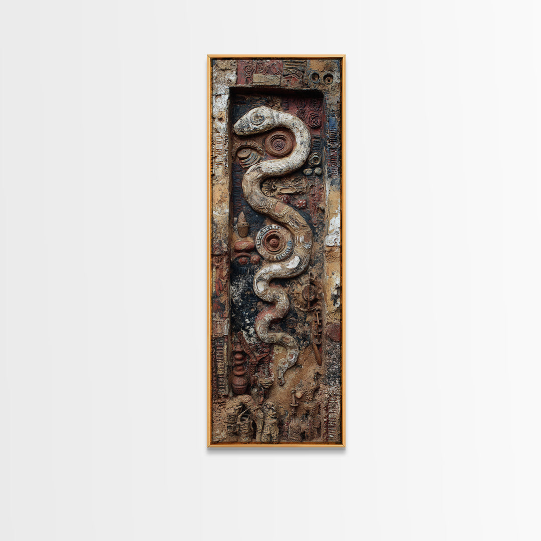 Ancient Serpent Relief On Weathered Door Wall Art, Textured Abstract Decor, Tribal Inspired Canvas Artwork For Home Entryway