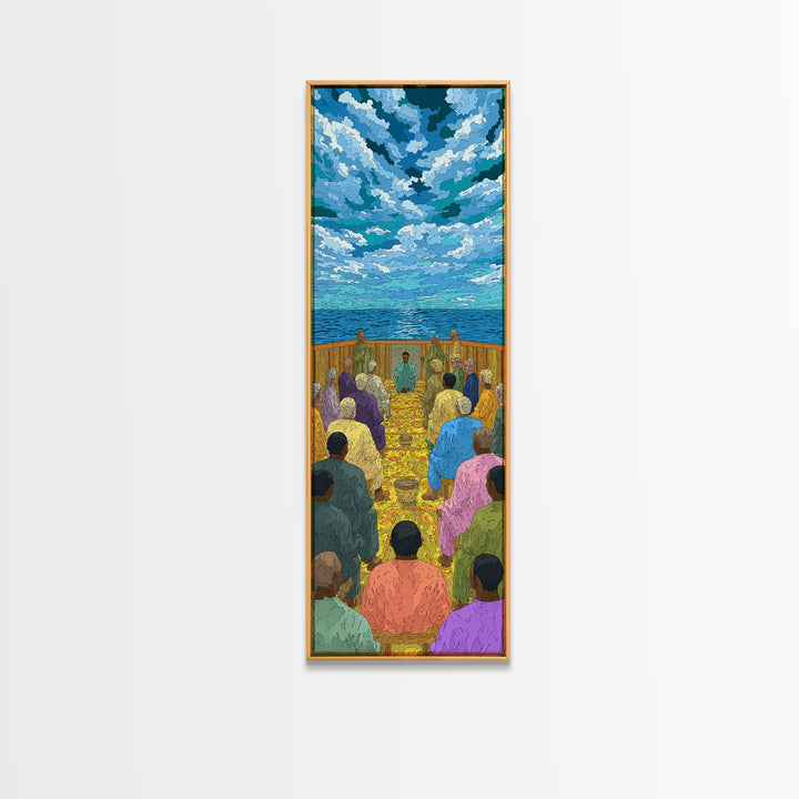 Ocean Baptism Gathering Under Blue Sky Canvas Print, African Spiritual Wall Decor, Coastal Church Art, Serene Home Gift, Calm Decor