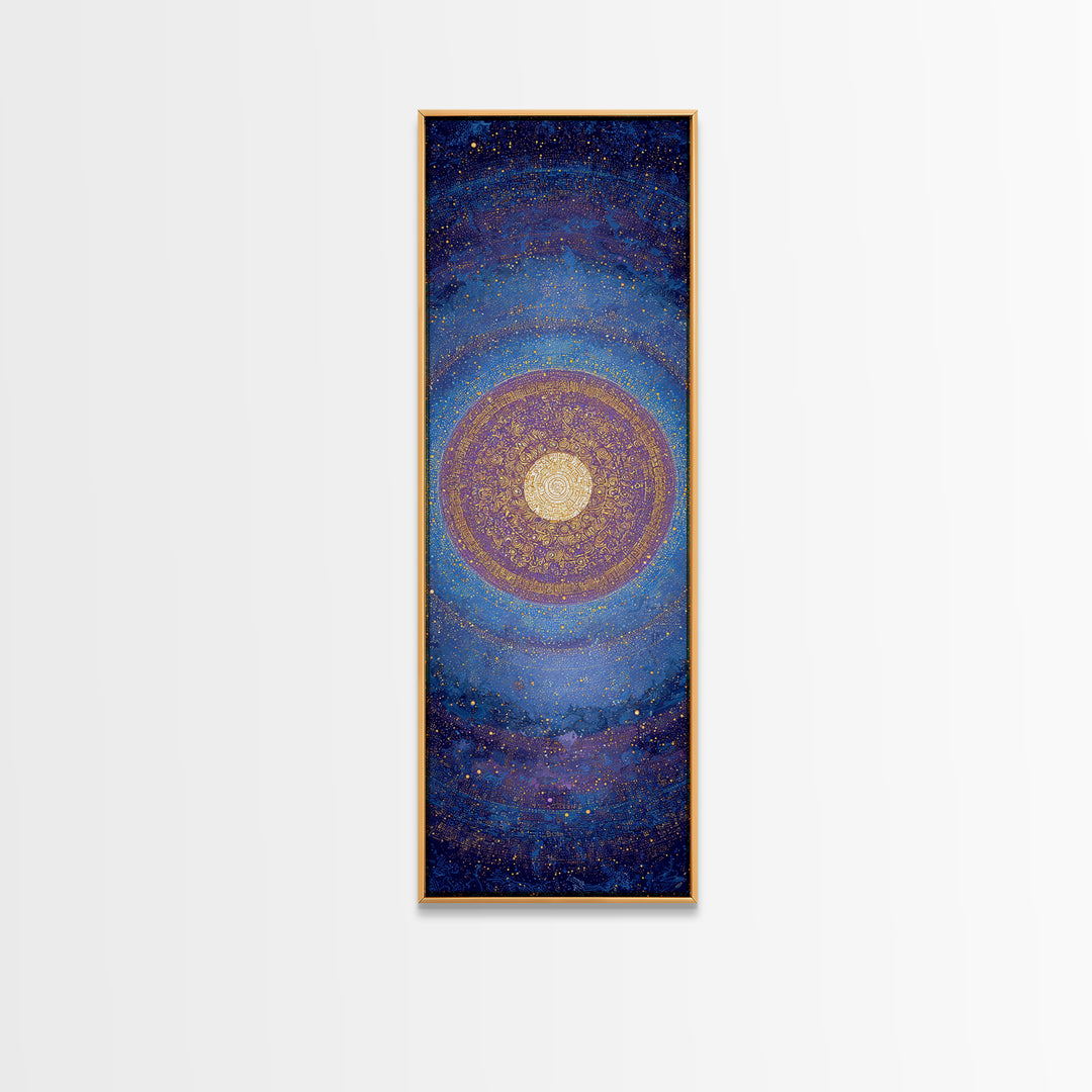 Blue Gold Cosmic Spiral Mandala Canvas Print, Abstract African Inspired Wall Decor, Spiritual Galaxy Art For Meditation Room