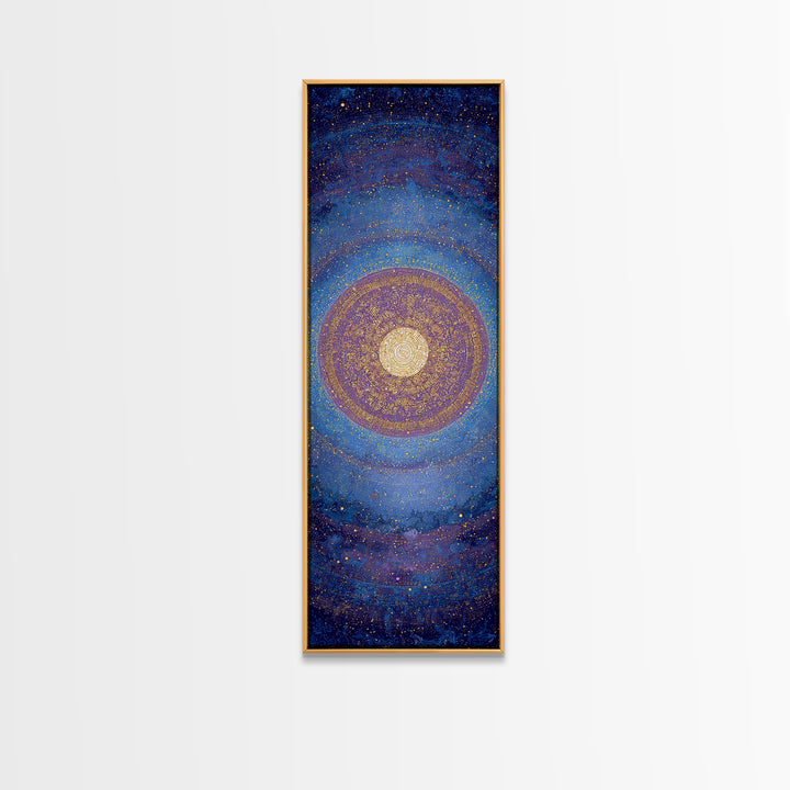 Blue Gold Cosmic Spiral Mandala Canvas Print, Abstract African Inspired Wall Decor, Spiritual Galaxy Art For Meditation Room