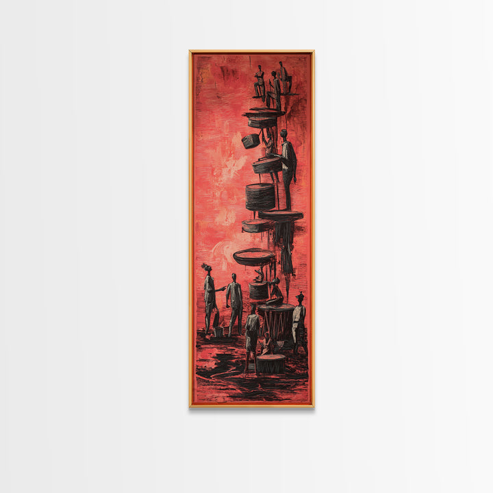 Red Surreal Figures Climbing Stacked Paths Wall Art, African Abstract Story Print, Modern Black Culture Decor Canvas For Office
