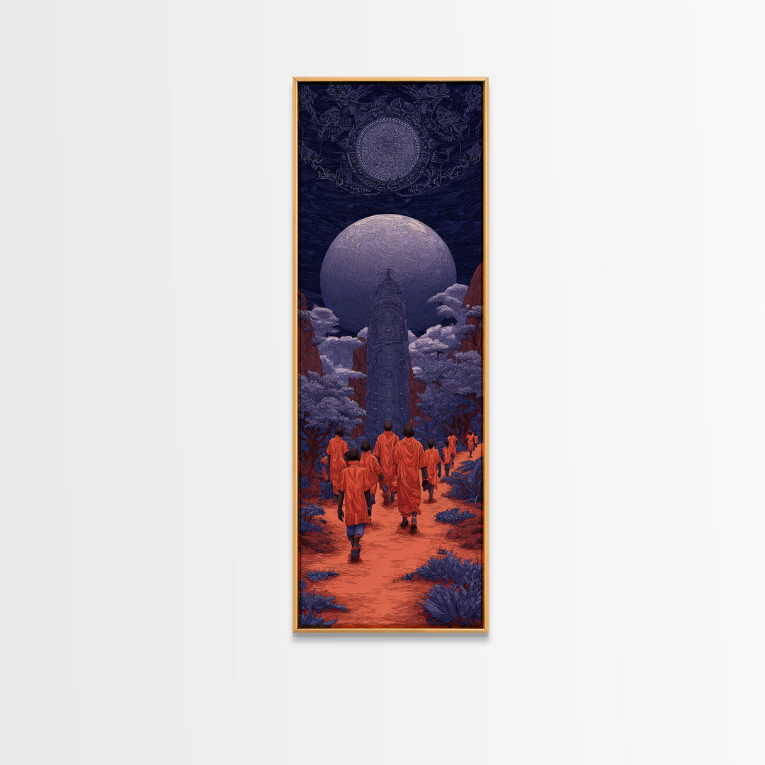 Orange Robed Pilgrims Beneath Twin Moons, African Wall Art, Afrocentric Decor, Mystical Landscape, Cultural Home Decor Gift