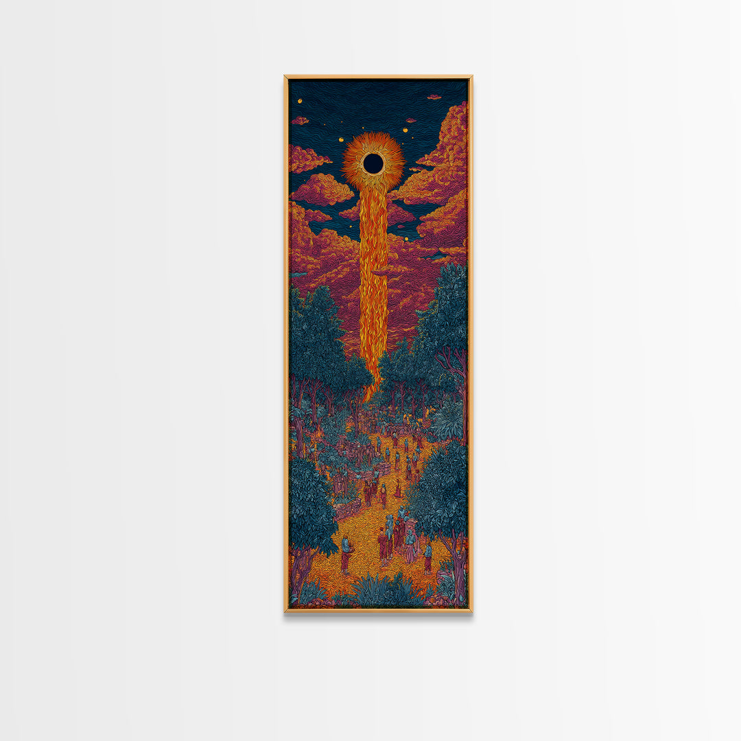 Solar Eclipse Portal Over Neon Forest, Framed Canvas Print, Mystical Wall Art, Afrocentric Decor, Vibrant Statement Piece