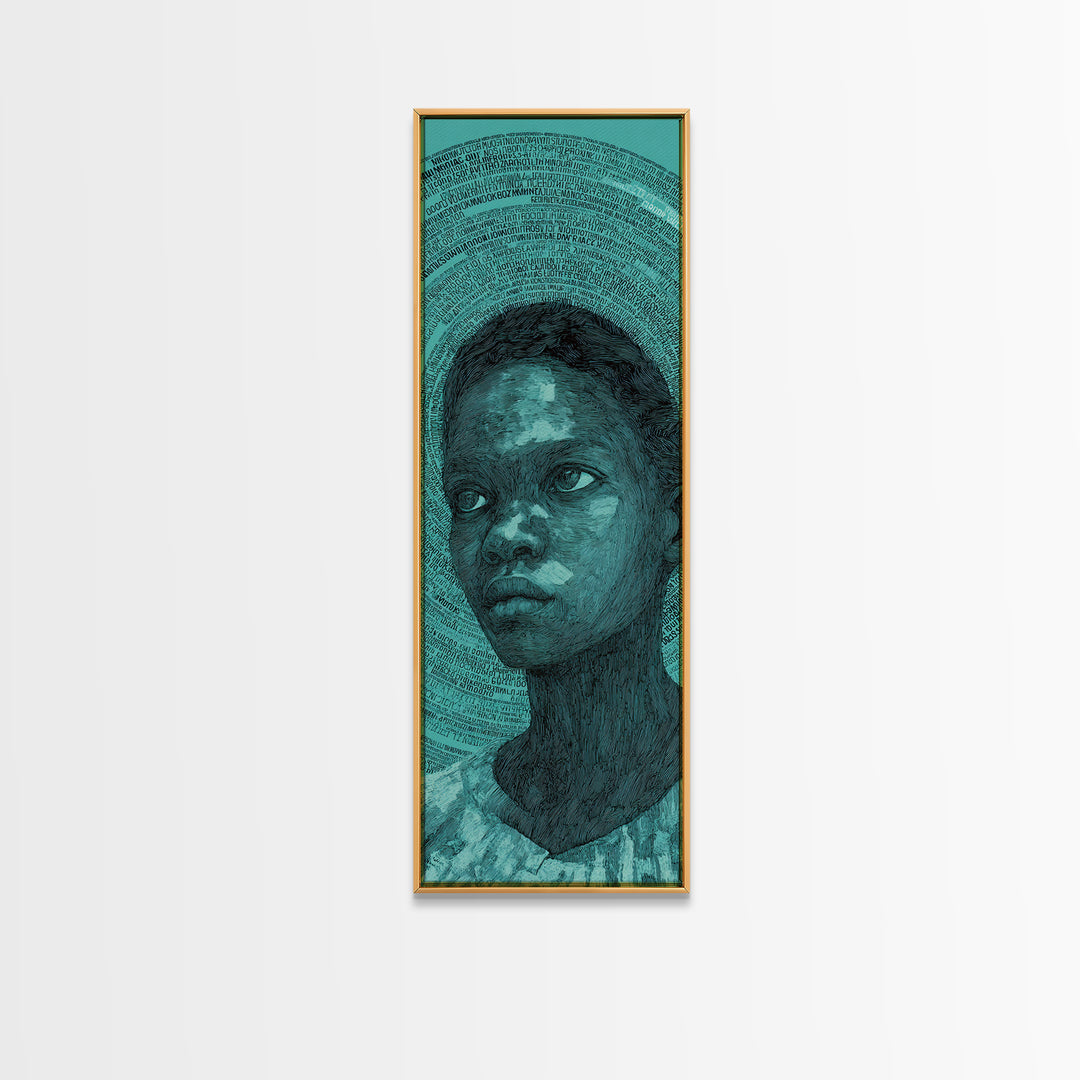 Teal Black Child Portrait With Halo Lines, Wall Art, Black Girl Art, Afrocentric Decor, Feminine Home Decor Gift For Her