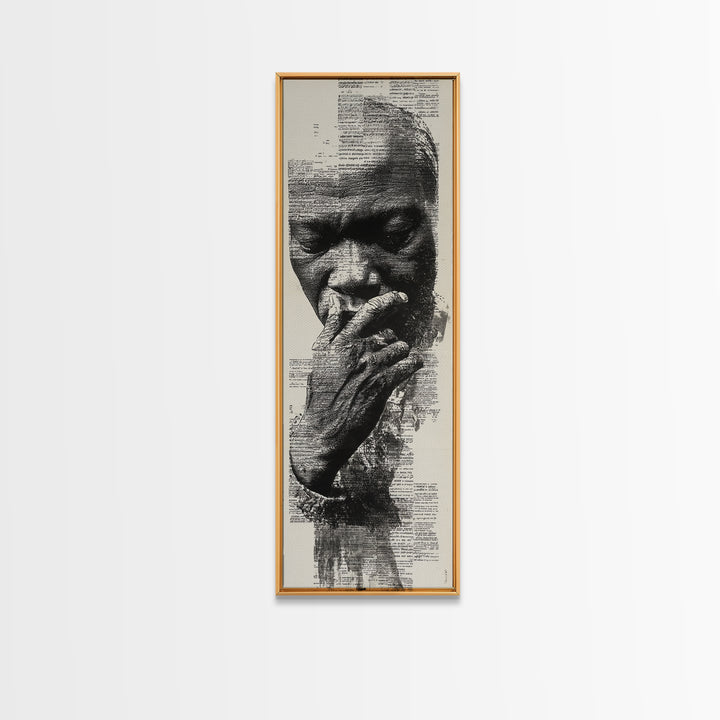 Contemplative Black Man Portrait In Text, Framed Canvas Print, Black Wall Art, Afrocentric Decor, Thoughtful Gift For Him
