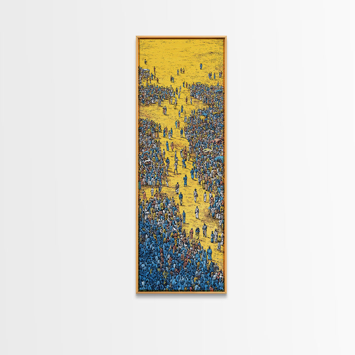 Golden Path Through Blue Crowd Canvas Print, African Celebration Art, Cultural Wall Decor, Bold Tribal Abstract Home Decor