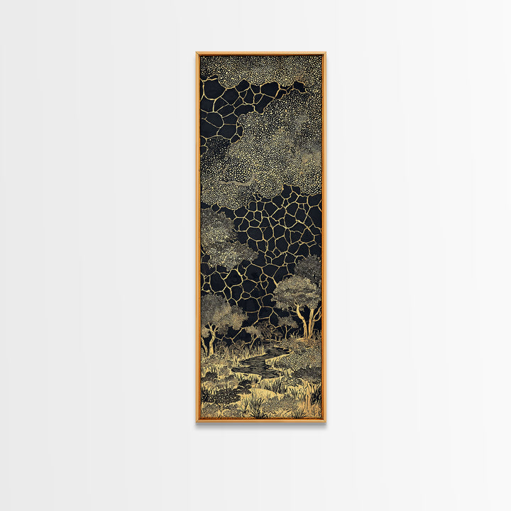 Gold Acacia Trees In Cracked Night Landscape Canvas Print, African Wall Art, Black And Gold Tribal Decor, Luxury Home Accent