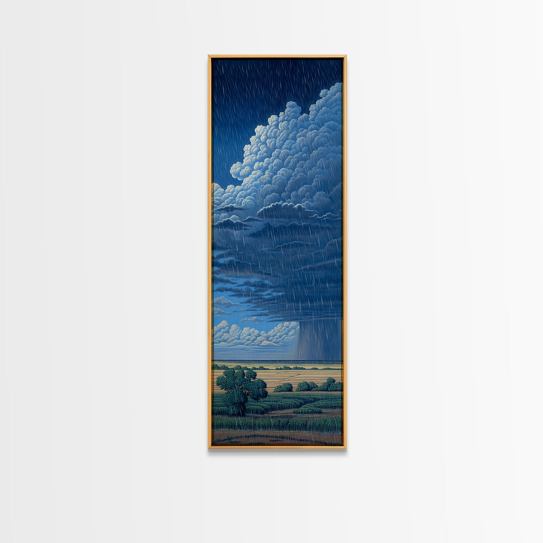 Blue Rainstorm Over African Plains Framed Canvas Print, Dramatic Cloud Wall Art, Nature Scene Decor, Unique Landscape Gift