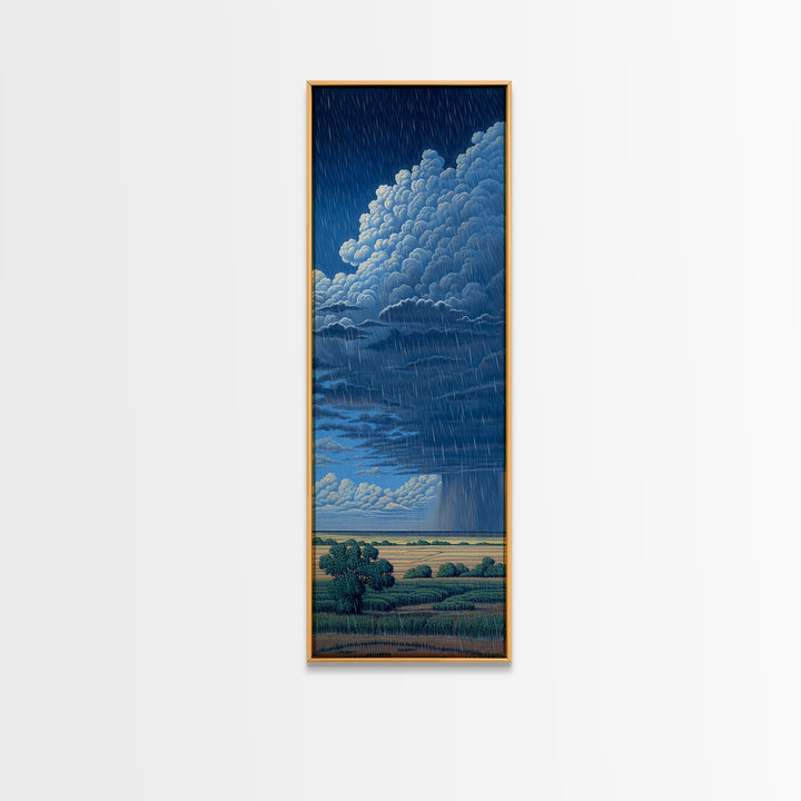 Blue Rainstorm Over African Plains Framed Canvas Print, Dramatic Cloud Wall Art, Nature Scene Decor, Unique Landscape Gift