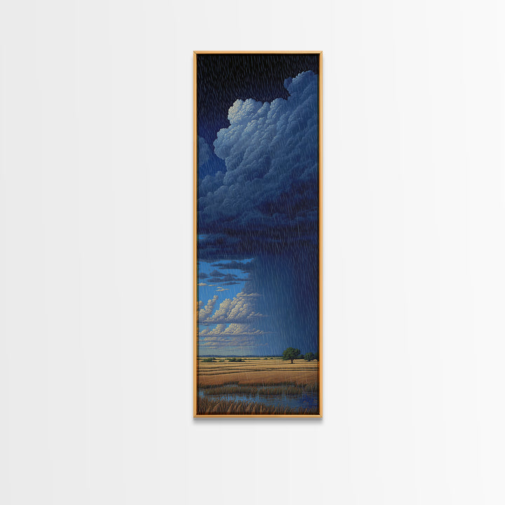 Night Rainstorm Over Wide Golden Plains Wall Art, African Landscape Print, Moody Storm Decor, Blue Safari Canvas Gift For Home