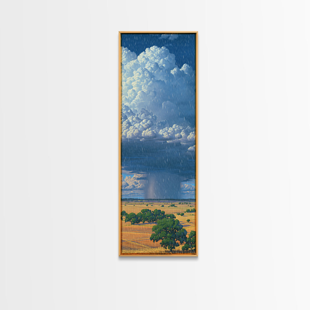 Sunlit Rain Shaft Over African Plains Framed Canvas Print, Blue Sky Landscape Wall Decor, Serengeti Nature Art Gift For Living Room